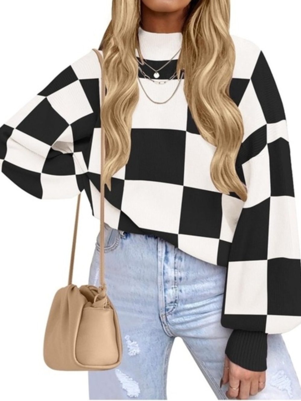 Checked Crewneck Sweater in Black & White